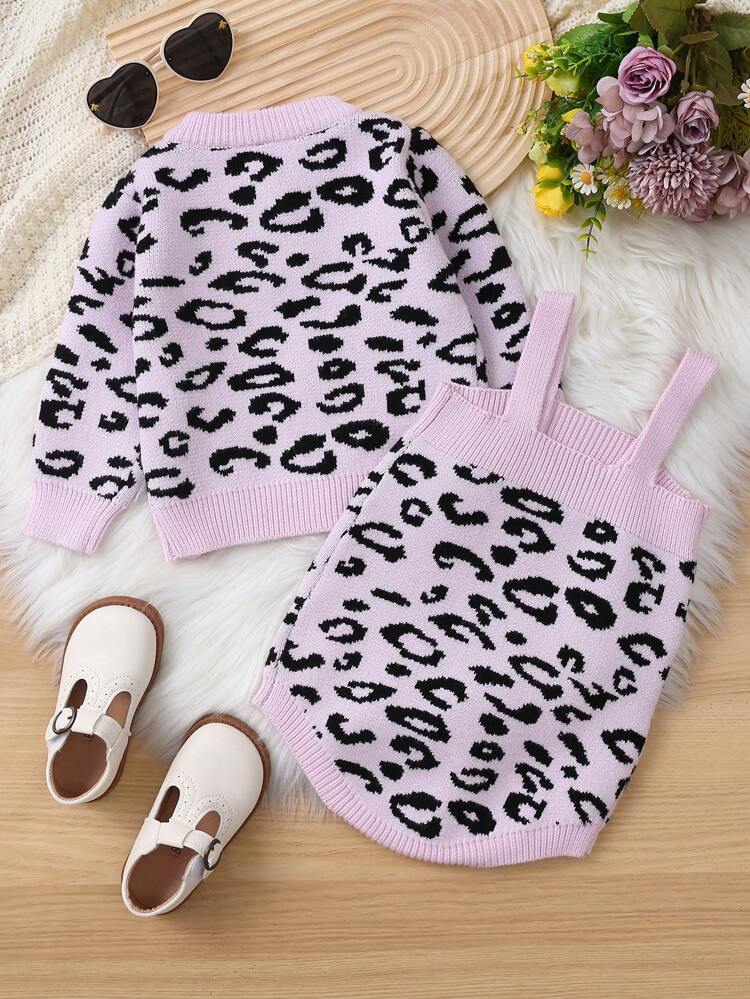 Baby Girls' Leopard Pattern Button Up Cardigan And Knitted Cami Romper Set