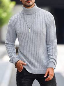 Manfinity Homme Men's Turtleneck Long Sleeve Sweater - Light Grey - View 4