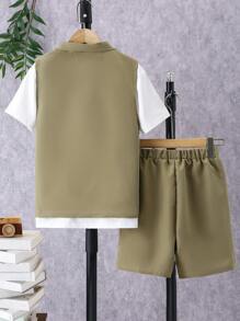 SHEIN 3pcs/Set Tween Boys' Solid Color T-Shirt, Utility Vest And Pants Outfit - Multicolor - View 2
