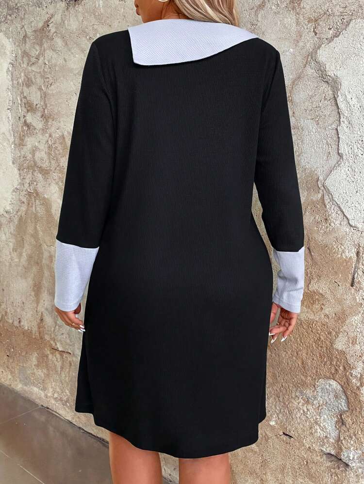 Plus Size Color Block Button Decor Sheath Dress