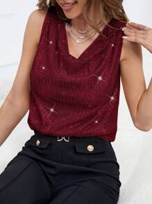 SHEIN Privé Women's Draped Collar Sparkly Shimmer Blouse - Burgundy - View 5