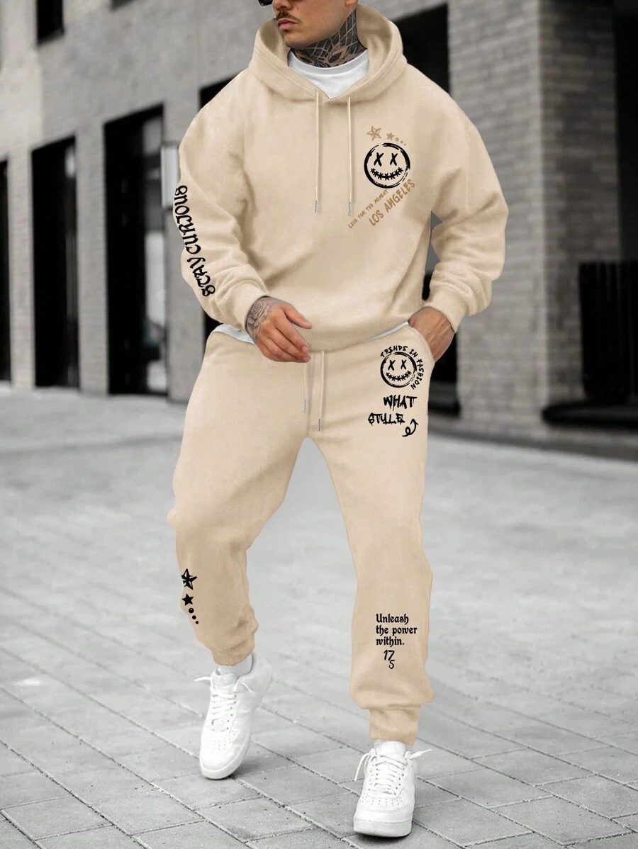Manfinity Homme 男士臉部和字母印花連帽運動衫和運動褲套裝 - 杏色 - 查看 1