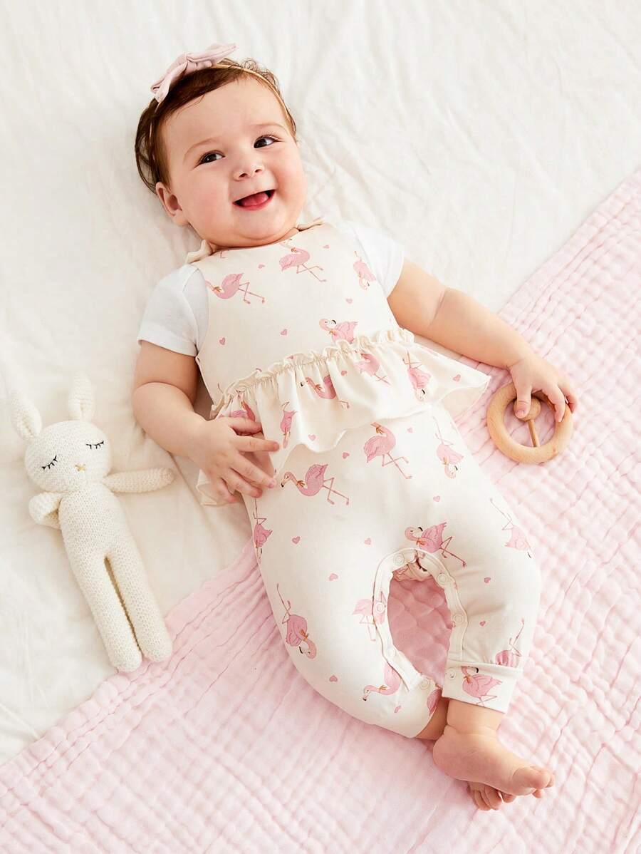 SHEIN 女嬰火烈鳥圖案圓領無袖連身褲 - 彩色 - 查看 1