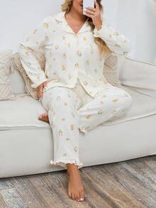 大尺碼花卉印花睡衣套裝 - 米色 - 查看 6