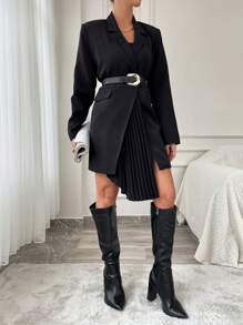 EURMUSE Turn-down Collar Single Button Suit Jacket Without Belt - Black - View 4