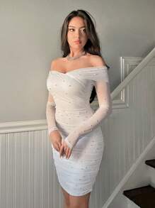 Firerie White Off Shoulder Faux Pearl Women's Dress,Ladies Elegant Contrast Mesh,Ruched,Zipper Long Sleeve Off The Shoulder Slim Fit Short White Regular Sleeve Plain Bodycon Women Short Dresses,Spring/Fall,Party/Nightclub Outfits,White Graduation Dress - White - View 4