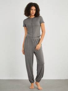 Ocili Leisure Short Sleeve Home Clothes Top With Stitching Detail - Dark Grey - View 7