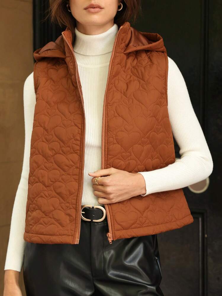 Zip Up Hooded Vest Heart Padded Coat Winter Brown Casual