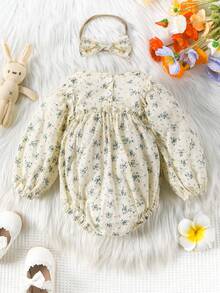 Infant Girls' Floral Pattern Back Buttoned Bodysuit With Headband 2pcs/Set