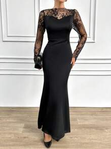 RueChic Ladies' Lace Mesh Patchwork Dress - Black - View 1