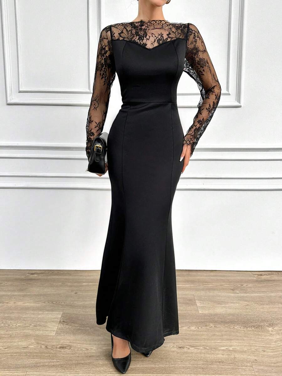 RueChic Ladies' Lace Mesh Patchwork Dress - Black - View 1