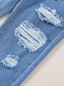 Tween Girl Cartoon Letter Printed Ripped Jeans - Light Wash - View 8