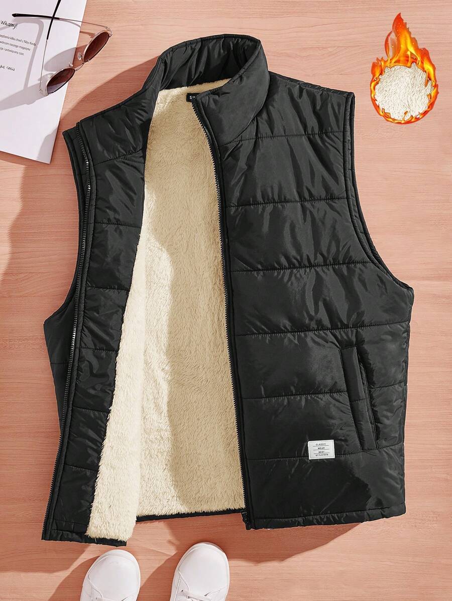 GENTILAND Áo khoác nam có chữ vá chi tiết Teddy lót dây kéo áo đệm - màu đen - Xem 1