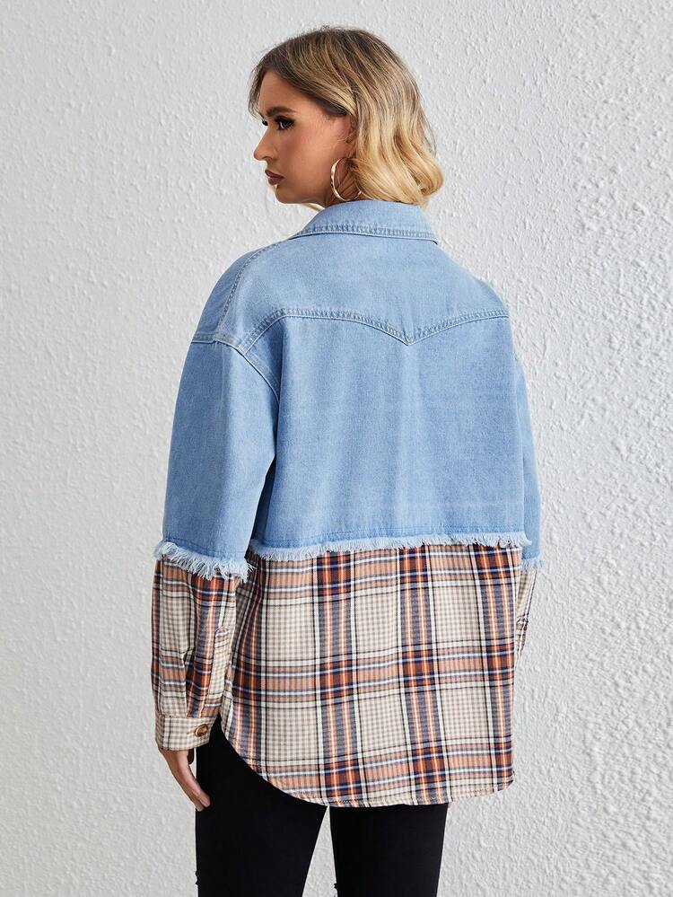 Women'S Denim Blue Loose Comfortable Stylish Jacket With Red And White Plaid Patchwork