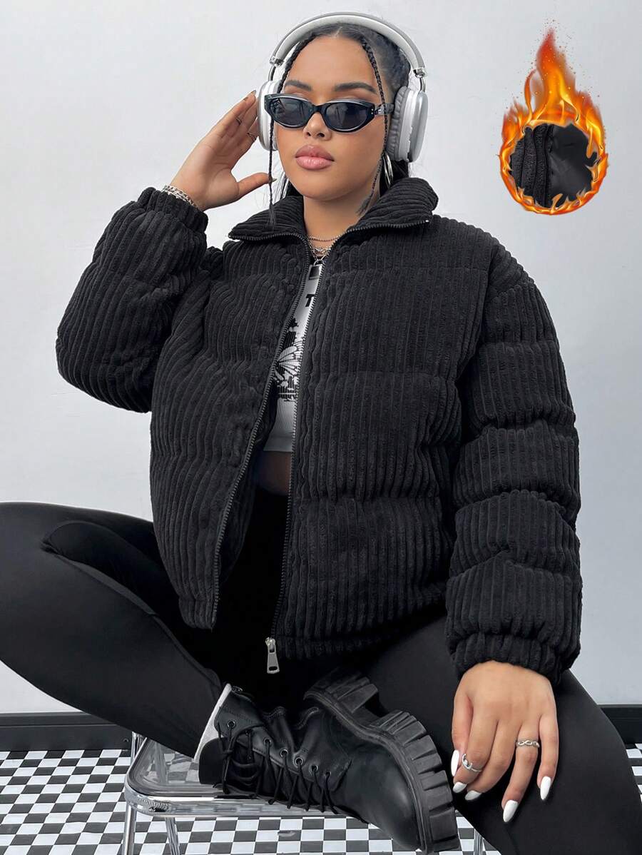 SHEIN EZwear 加大拉链灯芯绒夹棉大衣 - 黑色 - 查看 1