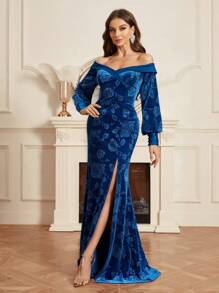 SHEIN Belle Open Shoulder, Lantern Sleeve, Embossed Pattern, Mermaid Style, High Slit Women Formal Evening Dress - Blue - View 4