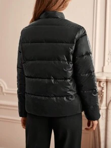 SHEIN Frenchy Short Women's Padded Coat With Stand-Up Collar In Shiny Winter Fabric With Side Pockets - Black - View 5