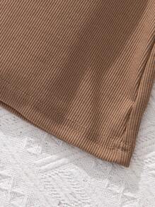 SHEIN Leap Crew 十幾歲女孩針織純色圓領無袖褶裙背心和針織長褲套裝 - 卡其色 - 查看 7