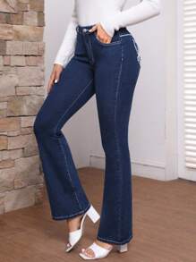 SHEIN LUNE Solid Color Flared Jeans - Blue - View 5