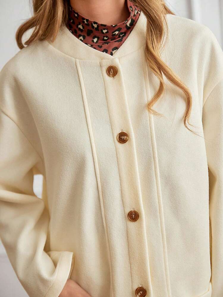 Women'S Solid Color Drop Shoulder Coat With Double Pockets Winter Casual