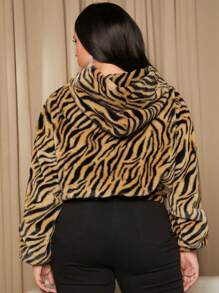 SHEIN SXY Plus Zebra Striped Drop Shoulder Fleece Hooded Sweatshirt