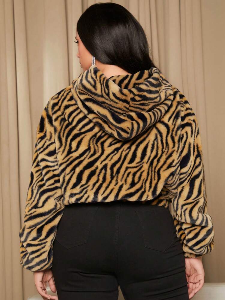 Plus Zebra Striped Drop Shoulder Fleece Hooded Sweatshirt
