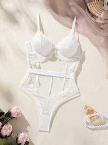 SHEIN Classic Sexy 女士性感蕾丝紧身衣，镂空设计和流苏饰边，内衣 - 白色 - 查看 2