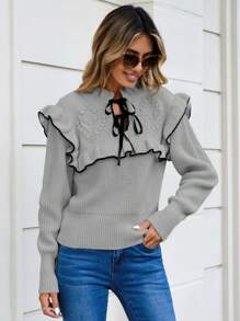 SHEIN Cottnline Women's Color Block Sweater With Ruffle Edge, Border Trim, Wide Strap Tie Neck - Grey - View 4