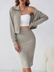 SHEIN Privé 鬆身拉鍊前開的夾克和裙子套裝,降肩袖款式 - 杏色 - 查看 3