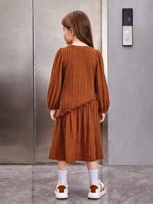 SHEIN 小女孩鬆身復古風格圓領中長款裙子 - 卡其色 - 查看 2