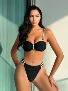 SHEIN Swim Women's Chevron Pattern Printed Bikini Set Summer Beach - Black - View 1