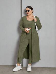 SHEIN Essnce Plus Size Women's Long Sleeve Hollow Out Cardigan Vest And Leggings Set - Army Green - View 3