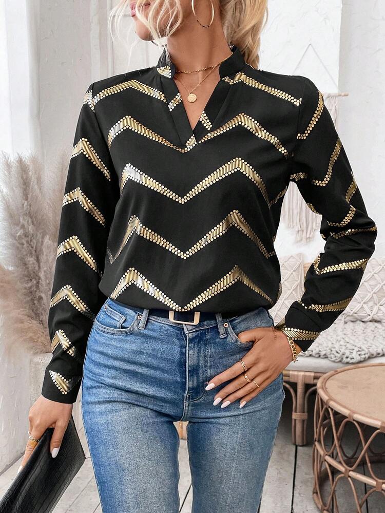 Notched Collar Long Sleeve Top