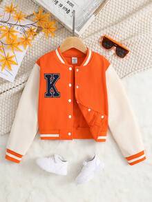 SHEIN Bé gái Vá lại Khối màu Áo khoác bóng chày - trái cam - Xem 4