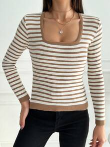 EURMUSE Quý cô Sọc Áo thun Với Hình vuông Đường viền cổ áo - Lạc đà - Xem 4