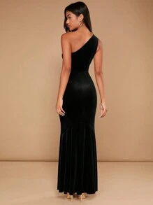 SHEIN Belle 女士纯色不对称领口美人鱼礼服黑色优雅舞会晚会婚礼宾客礼服，适合毕业典礼、晚宴派对礼服 - 黑色 - 查看 2