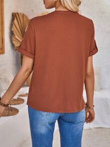 EMERY ROSE Notched Neckline Button Decorated T-shirt - Brown - View 2