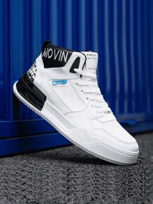 Men's High-Top Letter Embroidered Athletic Sneakers - Black and White - View 2