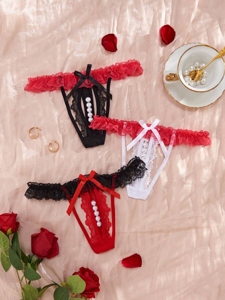 3pcs/set Sexy Pearl Decor Underwear - Multicolor - View 1