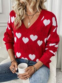 Chiquease Heart Pattern Drop Shoulder Sweater Knit Pullover Fall Winter Outfit - Red - View 6
