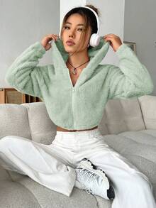 SHEIN EZwear Fluffy Zipper Hoodie - Olive Green - View 3