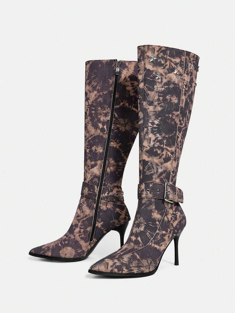 Star & Buckle Decor Knee-High Boots