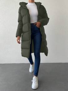 EURMUSE Zip Up Hooded Puffer Coat - Dark Green - View 8