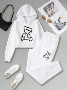 SHEIN EZwear 女款卡通印花連帽衫和褲子套裝,帶束口閉合 - 白色 - 查看 1