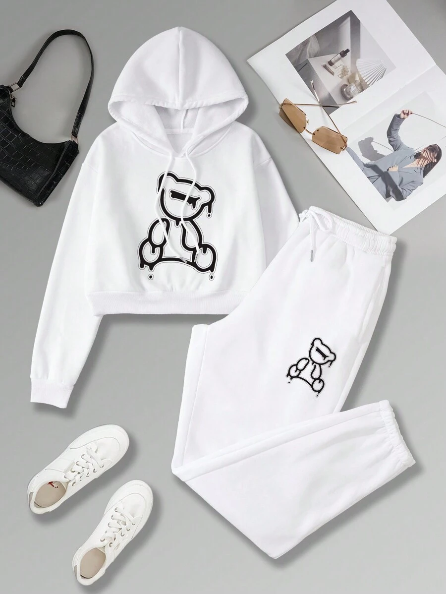 SHEIN EZwear 女款卡通印花連帽衫和褲子套裝,帶束口閉合 - 白色 - 查看 1