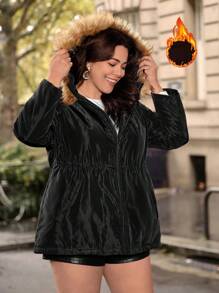 SHEIN Frenchy Plush Patchwork Hooded -Padded Coat With Waist Drawstring - Black - View 1