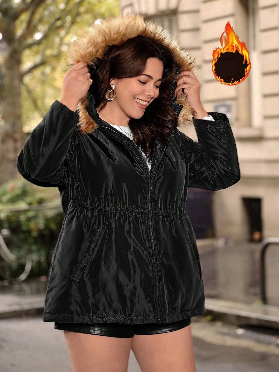 SHEIN Frenchy Plush Patchwork Hooded -Padded Coat With Waist Drawstring - Black - View 1