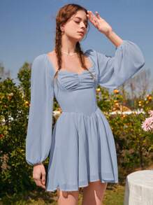 SHEIN MOD 女性綁帶領口蓬蓬袖奶媽裝連衣裙