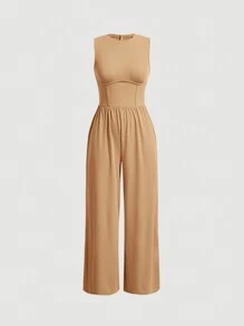 SHEIN MOD Casual Sleeveless Solid Color Jumpsuit - Khaki - View 1