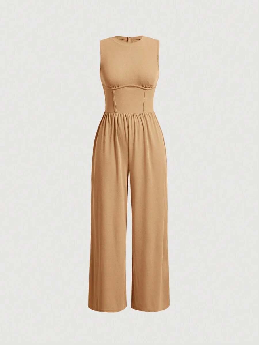 SHEIN MOD Casual Sleeveless Solid Color Jumpsuit - Khaki - View 1
